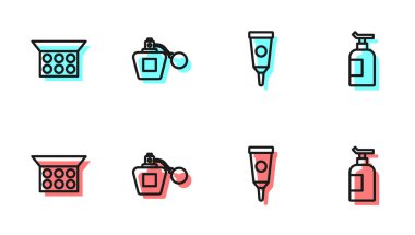 Krem ya da losyon kozmetik tüpü, aynalı makyaj tozu, parfüm ve ikonu hazırlayın. Vektör