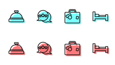 Bavul, otel servis zili, beş yıldızlı değerlendirme ve oda yatak ikonu. Vektör
