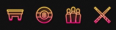 Bowling pimi, bilardo masası, top ve çapraz bilardo ıstakaları. Parlayan neon ikonu. Vektör