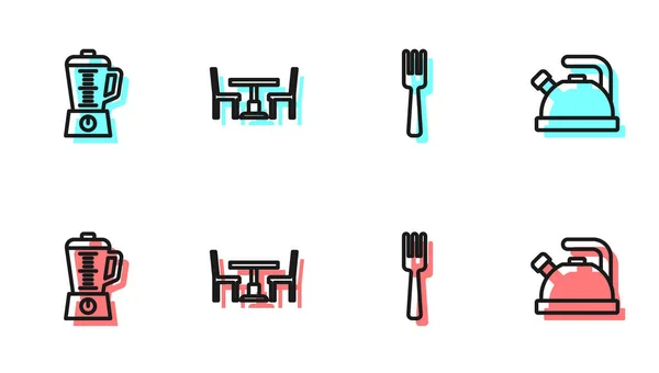 设置线叉子 搅拌机 木制餐桌与椅子和水壶手柄图标 — 图库矢量图片