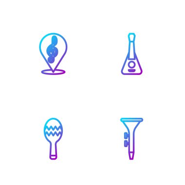 Davul ve bagetleri ayarla, Maracas, Treble clef ve Guitar. Renk simgeleri. Vektör