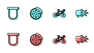 Bisiklet, kilit, fren diski ve kafa lambası simgesini ayarla. Vektör