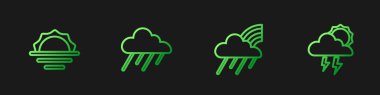 Gökkuşağı 'nı bulut ve yağmurla, Gündoğumuyla, Bulut ve Fırtınayla donatın. Renk simgeleri. Vektör