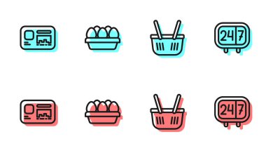 Alış veriş sepeti, kimlik kartı, tavuk yumurtası kutusu ve saat ikonu. Vektör