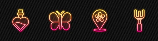 设置线位置与花 壶爱药水 蝴蝶和花园耙 发光的霓虹灯图标 — 图库矢量图片