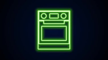 Parlayan neon hattı fırın simgesi siyah arkaplanda izole edildi. Fırın tabelası. 4K Video hareketli grafik canlandırması