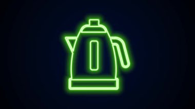 Parlayan neon hattı elektrik ısıtıcısı simgesi siyah arkaplanda izole edildi. Çaydanlık ikonu. 4K Video hareketli grafik canlandırması