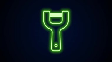 Parlayan neon hattı Sebze soyucu simgesi siyah arkaplanda izole edildi. Sebze temizlemek için bıçak. Mutfak eşyası, alet edevat. 4K Video hareketli grafik canlandırması