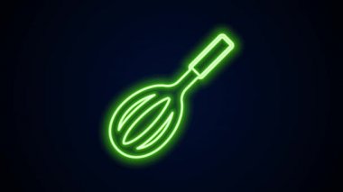 Parlayan neon hattı Mutfak çırpma simgesi siyah arkaplanda izole edildi. Mutfak aletleri, yumurta çırpıcı. Çatal bıçak seti. Yemek karışımı sembolü. 4K Video hareketli grafik canlandırması