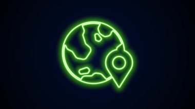 Dünya simgesinde parlayan neon hattı konumu siyah arkaplanda izole edildi. Dünya ya da Dünya işareti. 4K Video hareketli grafik canlandırması