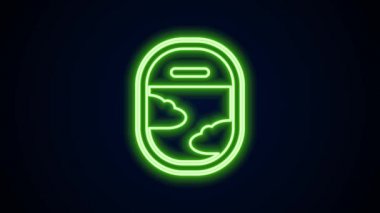 Parlayan neon hattı uçak pencere simgesi siyah arkaplanda izole edildi. Uçak lombozu. 4K Video hareketli grafik canlandırması