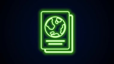 Siyah arkaplanda izole edilmiş biyometrik veri simgesiyle parlayan neon hattı pasaportu. Kimlik belgesi. 4K Video hareketli grafik canlandırması