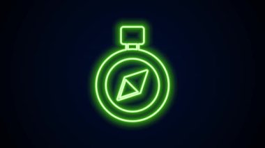 Parlayan neon hattı pusula simgesi siyah arkaplanda izole edildi. Rüzgâr yön bulma sembolü. Rüzgar gül işareti. 4K Video hareketli grafik canlandırması