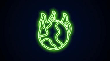 Parlayan neon hattı Küresel ısınma yangın ikonu siyah arka planda izole edildi. 4K Video hareketli grafik canlandırması