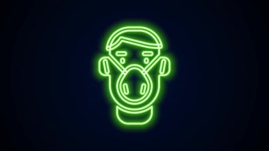 Siyah arka planda izole edilmiş tıbbi koruyucu maske ikonunda parlayan neon çizgili adam yüzü. Karantinaya alın. 4K Video hareketli grafik canlandırması