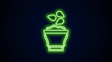 Parlayan neon çizgisi siyah arka planda izole edilmiş kase ikonundaki tohumlar. 4K Video hareketli grafik canlandırması