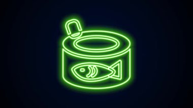 Parlayan neon hattı siyah zemin üzerinde izole edilmiş balık konservesi. 4K Video hareketli grafik canlandırması