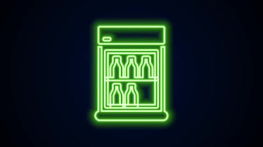 Siyah arka planda izole edilmiş içki ikonlarını saklamak için parlayan neon hattı ticari buzdolabı. Market ya da süpermarket için bozulabilir. 4K Video hareketli grafik canlandırması