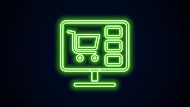Ekran bilgisayar simgesinde parlayan neon hattı alışveriş arabası siyah arkaplanda izole edildi. Konsept e-ticaret, e-ticaret, online iş pazarlama. 4K Video hareketli grafik canlandırması