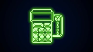 Siyah arkaplanda parlayan neon hattı POS terminali, eklenmiş kredi kartı ve yazdırılmış alıcı simgesi var. NFC ödeme konsepti. 4K Video hareketli grafik canlandırması
