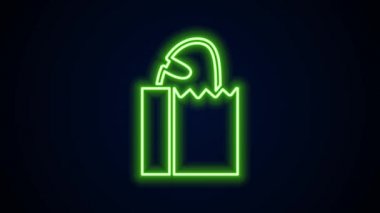 Siyah zemin üzerinde izole edilmiş ekmek somunu ikonu olan parlak neon çizgili kağıt poşet. 4K Video hareketli grafik canlandırması