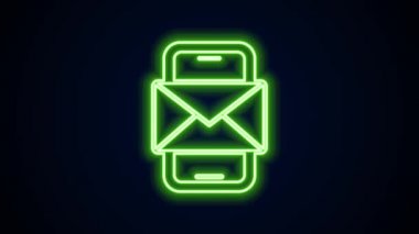 Parlak neon hattı cep telefonu ve zarf, yeni mesaj, posta simgesi siyah arkaplanda izole edilmiş. E-posta bültenleri, başlıklar, blog yazıları için kullanım. 4K Video hareketli grafik canlandırması