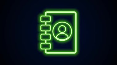 Parlayan neon hattı adres defteri simgesi siyah arkaplanda izole edildi. Not defteri, adres, bağlantı, rehber, telefon, telefon rehberi simgesi. 4K Video hareketli grafik canlandırması