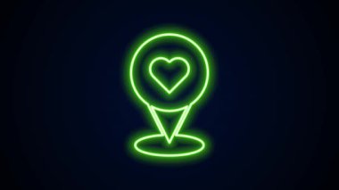 Siyah arkaplanda kalp simgesi izole edilmiş parlak neon çizgisi haritası. Sevgililer Günü. Aşk yeri. Romantik harita iğnesi. 4K Video hareketli grafik canlandırması
