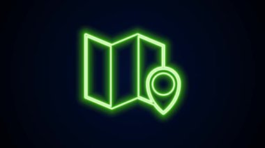 Parlayan neon çizgisi Katlanmış harita konum simgesi simgesi siyah arkaplanda izole edildi. 4K Video hareketli grafik canlandırması