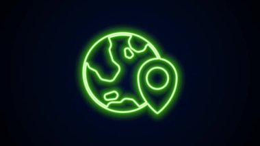 Dünya simgesinde parlayan neon hattı konumu siyah arkaplanda izole edildi. Dünya ya da Dünya işareti. 4K Video hareketli grafik canlandırması
