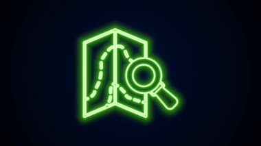 Parlayan neon hattı arama konumu simgesi siyah arkaplanda izole edildi. İşaretli büyüteç. 4K Video hareketli grafik canlandırması