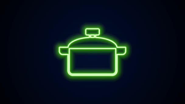 Glowing neon line Cooking pot icon isolated on black background. Boil or stew food symbol. 4K Video motion graphic animation — Stock Video