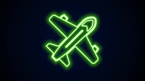 发光的霓虹灯线平面图标孤立在黑色背景.飞行的飞机图标。航空公司的标志。4K视频运动图形动画 — 图库视频影像