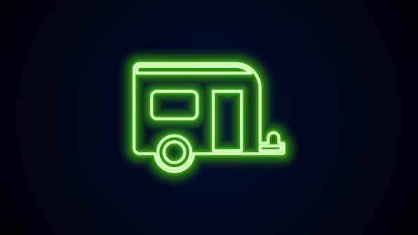 Glödande neon linje Rv Camping trailer ikon isolerad på svart bakgrund. Res husbil, husvagn, husbil för resor. 4K Video motion grafisk animation — Stockvideo
