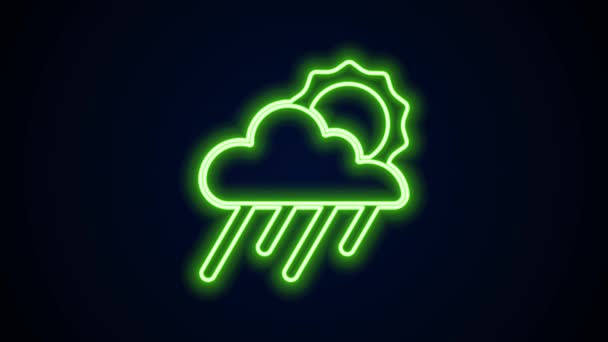 Linha de néon brilhante Nuvem com ícone de chuva e sol isolado no fundo preto. Precipitação de nuvens de chuva com gotas de chuva. Animação gráfica em movimento de vídeo 4K — Vídeo de Stock