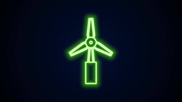 Gloeiende neon lijn Windturbine pictogram geïsoleerd op zwarte achtergrond. Windgenerator bord. Windmolen voor elektriciteitsproductie. 4K Video motion grafische animatie — Stockvideo