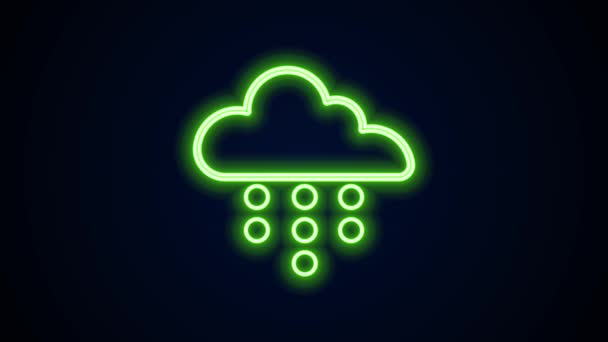 Siyah zemin üzerinde yağmur ikonu olan parlak neon çizgisi. Yağmur damlaları ile yağmur bulutu yağışı. 4K Video hareketli grafik canlandırması — Stok video