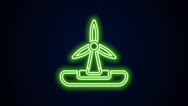 Gloeiende neon lijn Windturbine pictogram geïsoleerd op zwarte achtergrond. Windgenerator bord. Windmolen voor elektriciteitsproductie. 4K Video motion grafische animatie — Stockvideo