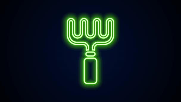 Glödande neon linje trädgård kratta ikon isolerad på svart bakgrund. Verktyg för trädgårdsodling, jordbruk, jordbruk. Jordkultivator. Hushållsutrustning. 4K Video motion grafisk animation — Stockvideo