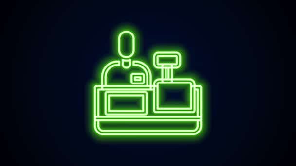 Leuchtende Leuchtschrift an der Kasse Supermarkt-Symbol isoliert auf schwarzem Hintergrund. Verkäuferin, Kassiererin, die in Supermarkt-Uniform an der Kasse steht. 4K Video Motion Grafik Animation — Stockvideo
