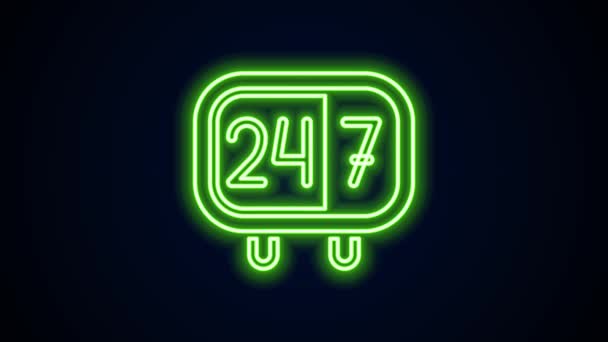 Glowing neon line Clock 24 hours icon isolated on black background. All day cyclic icon. 24 hours service symbol. 4K Video motion graphic animation — Stock Video