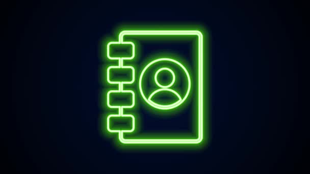 Glowing neon line Address book icon isolated on black background. Notebook, address, contact, directory, phone, telephone book icon. 4K Video motion graphic animation — Stock Video