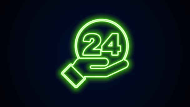 Glödande neon line Telefon 24 timmars stöd ikon isolerad på svart bakgrund. Hela dagen kundsupport call-center. Heltidssamtal. 4K Video motion grafisk animation — Stockvideo