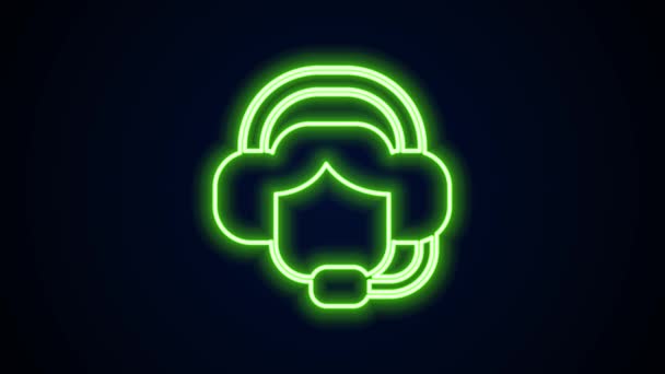 Glödande neon line kvinna med ett headset ikon isolerad på svart bakgrund. Supportoperatör i kontakt. Koncept för callcenter, kundsupport. 4K Video motion grafisk animation — Stockvideo