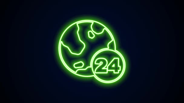 Świecąca neonowa linia Telefon 24-godzinna ikona wsparcia odizolowana na czarnym tle. Całodniowy call-center obsługi klienta. Pełny etat. 4K Animacja graficzna ruchu wideo — Wideo stockowe
