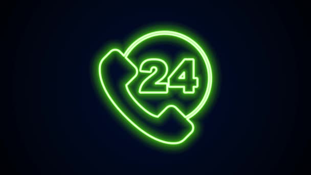 Glowing neon line Telephone 24 hours support icon isolated on black background. All-day customer support call-center. Full time call services. 4K Video motion graphic animation — Stock Video