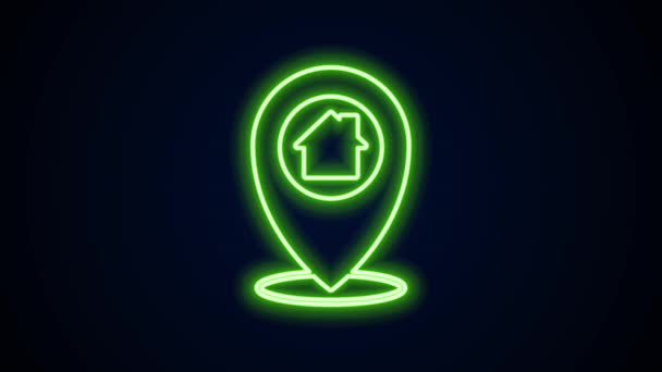 黒の背景に独立した家のアイコンとネオンラインマップポインタを光る。ホームロケーションマーカーシンボル。4Kビデオモーショングラフィックアニメーション — ストック動画