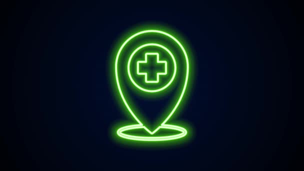 Glowing neon line Medical map pointer with cross hospital icon isolated on black background. 4K Video motion graphic animation — Stock Video