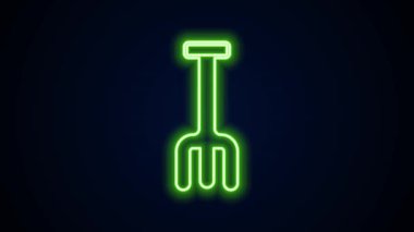 Parlayan neon çizgisi tırmık simgesi siyah arkaplanda izole edildi. Bahçecilik, tarım, çiftçilik aleti. Toprak işçisi. Temizlik ekipmanları. 4K Video hareketli grafik canlandırması