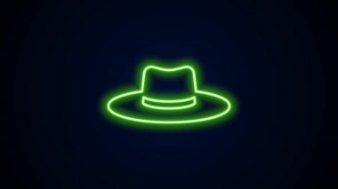 Parlayan neon hattı bahçıvanı, çiftçi ya da tarımsal işçi şapkası ikonu siyah arka planda izole edilmiş. 4K Video hareketli grafik canlandırması